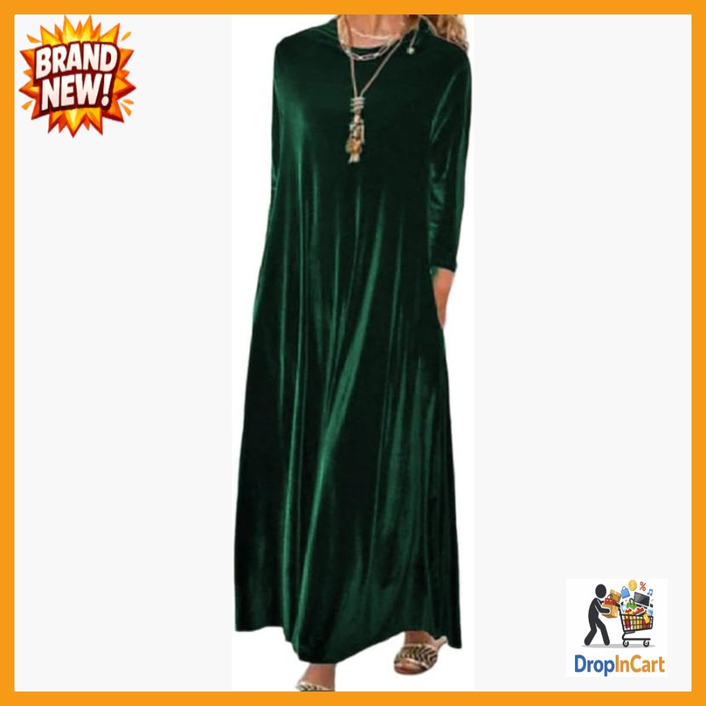 Velvet Maxi Dress Elegant Chic Cocktail Party Long Sleeve Crewneck Casual